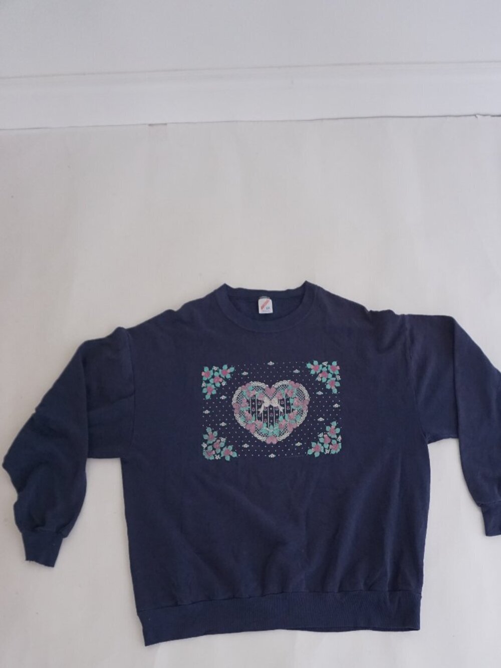 Vintage Jerzees Navy Heart Floral Graphic Fleece Sweatshirt Cottagecore 2X